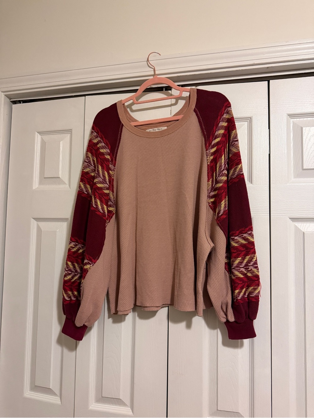 We The Free Beige Waffle-Knit Pullover with Burgundy Patterned Sleeves